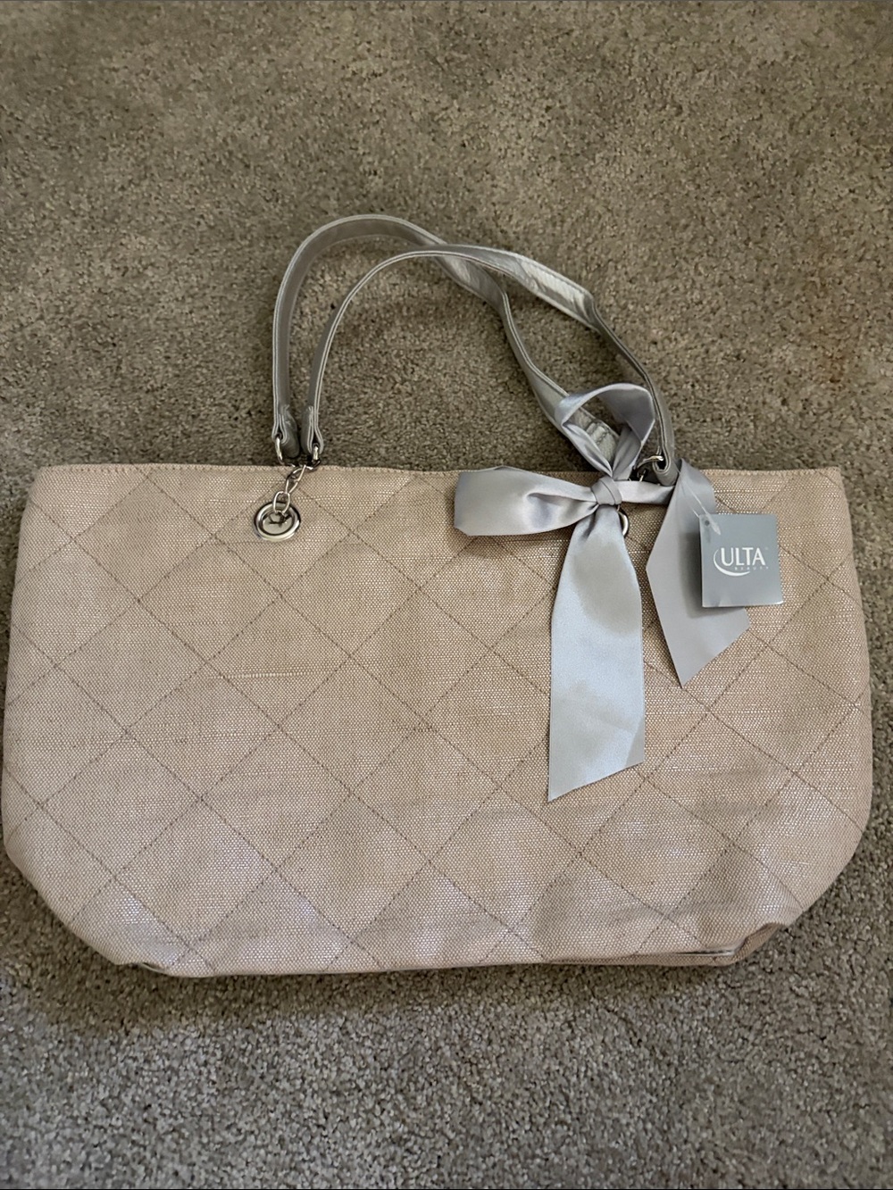 Ulta Beauty Quilted Beige Tote with Satin Ribbon Accent